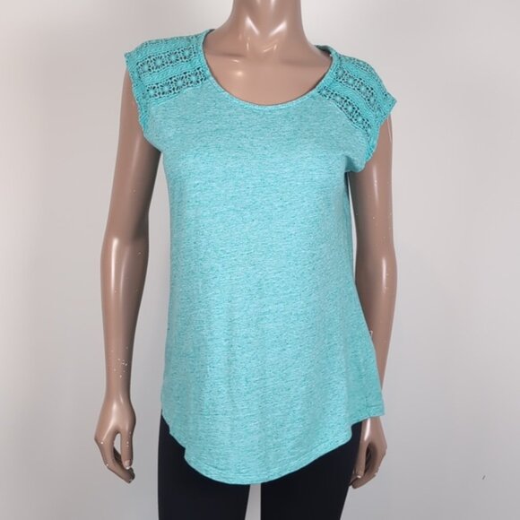 Bleu Gray Crochet Tshirt Sheer Shoulder Cap Sleeve Turquoise Summer Top - Picture 9 of 9